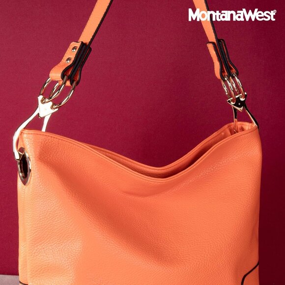 Women's Orange Top Wide Handle Elegant Stylish Satchel Bucket Shoulder Hobo Bag - Picture 7 of 9